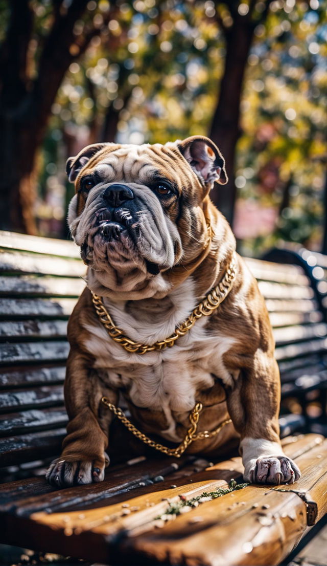 Ultra-realistic photograph taken with a Sony α7 III camera featuring a bulldog with a big gold chain sitting on a park bench surrounded by lush greenery, shot in high resolution and 16:9 aspect ratio.