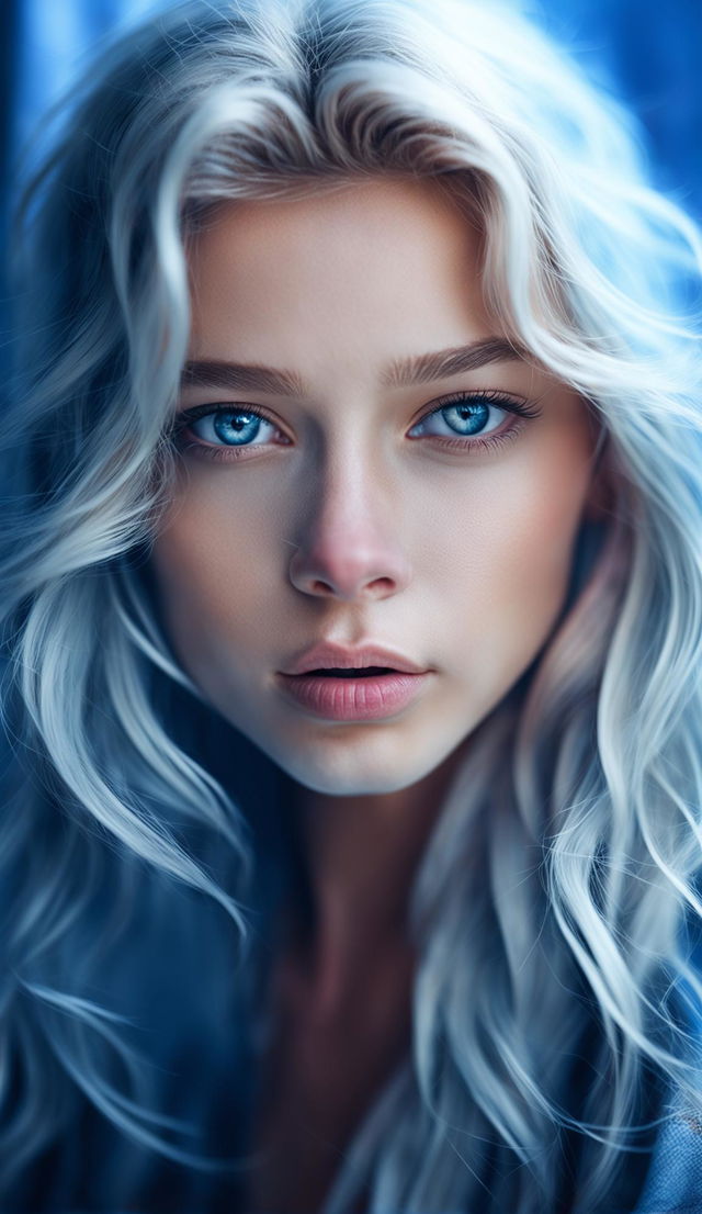 A cinematic 200mm portrait photograph of a 21-year-old girl with snow-white hair and deep blue eyes, her feminine features dramatically illuminated against a backdrop of muted pastel hues.