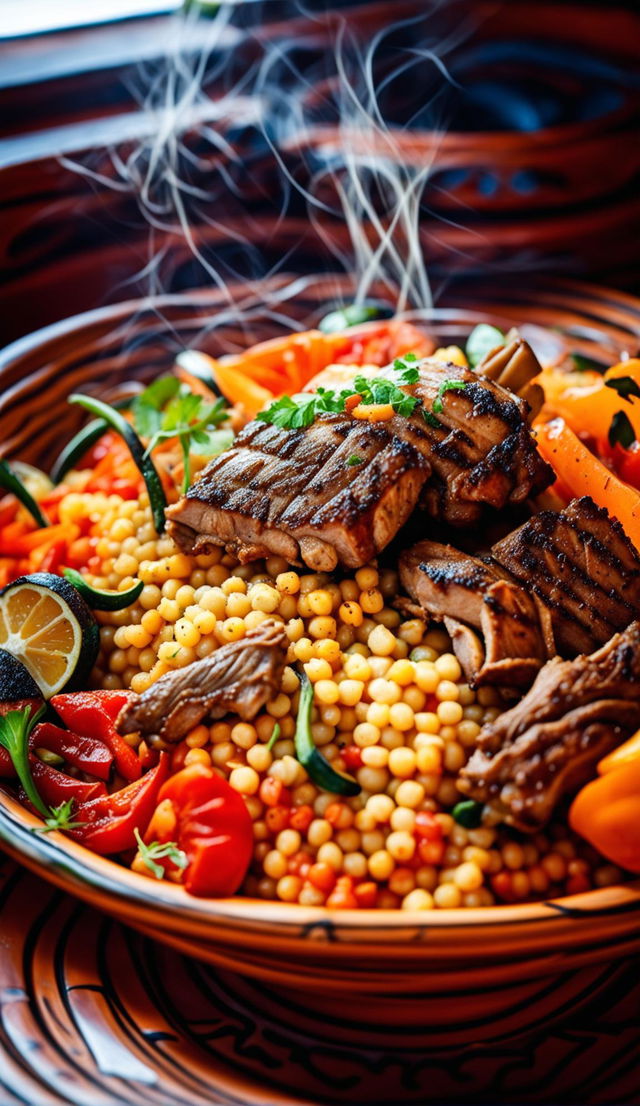 A tantalizing Tunisian Couscous Royale with Citrus-infused Lamb served on a traditional ceramic plate under warm sunlight.