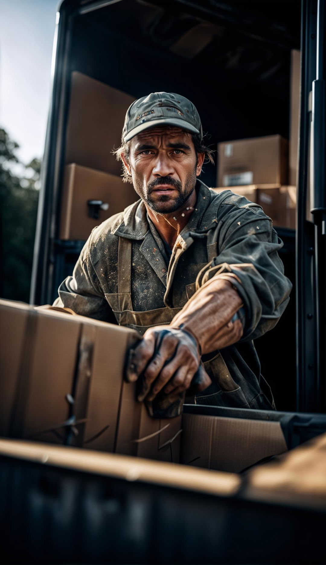 Ultra-realistic photograph taken with a Sony α7 III camera featuring a removalist man loading a box into the back of a truck, shot in high resolution and 16:9 aspect ratio.