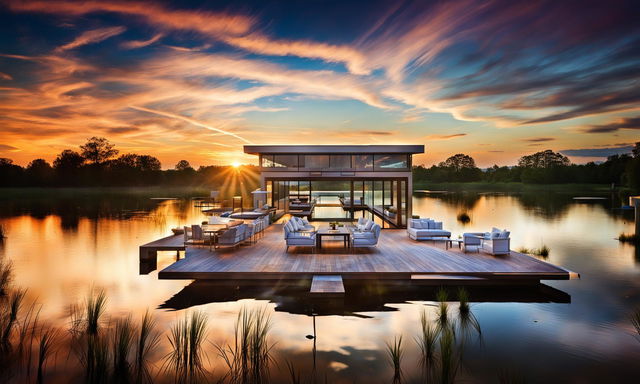 A contemporary lakeside residence with white furniture at sunset, captured with a professional camera set to manual mode, f/8, ISO 200 using a telephoto lens. The setting sun casts a warm glow on the reflective surface of the tranquil lake.