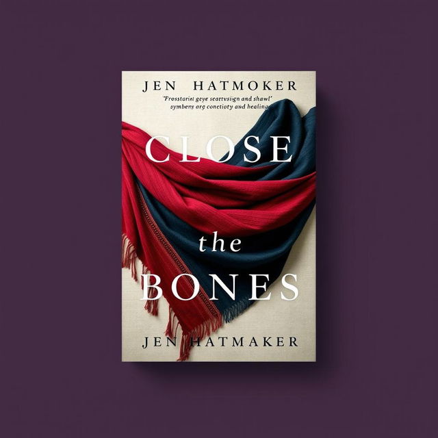 A striking book cover design for 'Close the Bones' by Jen Hatmaker, featuring a beautifully draped rebozo shawl in rich, vibrant colors like deep red, dark blue, and earthy tones