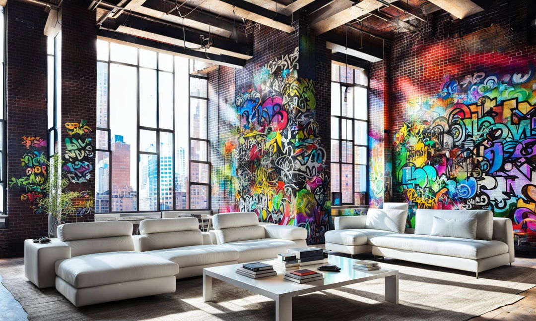 Daytime view of a peaceful urban loft in New York City, furnished with white modern pieces. Soft sunlight casts gentle shadows across a vaulted ceiling and graffiti art on brick walls, captured with a tilt-shift lens.