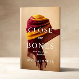 An eye-catching book cover design for 'Close the Bones: From Fractured to Freedom' by Jen Hatmaker, prominently featuring an elegantly draped rebozo shawl in rich, warm colors like deep burgundy, golden yellows, and earthy browns