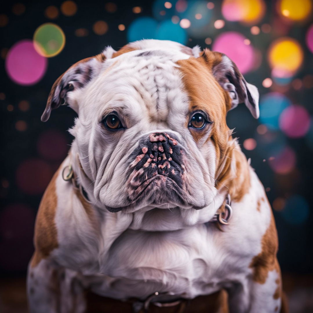 A detailed 200mm portrait of a bulldog with a background of muted pastel colors and an intense bokeh effect.