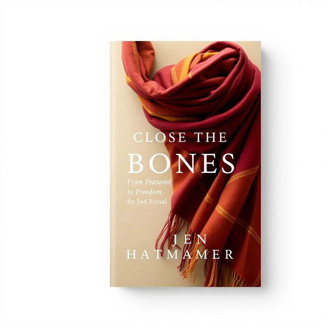 An eye-catching book cover design for 'Close the Bones: From Fractured to Freedom' by Jen Hatmaker, prominently featuring an elegantly draped rebozo shawl in rich, warm colors like deep burgundy, golden yellows, and earthy browns