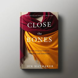 An eye-catching book cover design for 'Close the Bones: From Fractured to Freedom' by Jen Hatmaker, prominently featuring an elegantly draped rebozo shawl in rich, warm colors like deep burgundy, golden yellows, and earthy browns