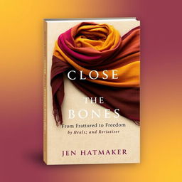 An eye-catching book cover design for 'Close the Bones: From Fractured to Freedom' by Jen Hatmaker, prominently featuring an elegantly draped rebozo shawl in rich, warm colors like deep burgundy, golden yellows, and earthy browns