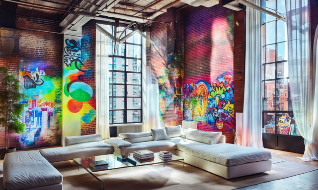 Daytime view of a peaceful urban loft in New York City, furnished with white linen furniture. Soft sunlight casts gentle shadows across a vaulted ceiling and graffiti art on brick walls. A soft white shear curtain gently blows in a breeze, captured with a tilt-shift lens.