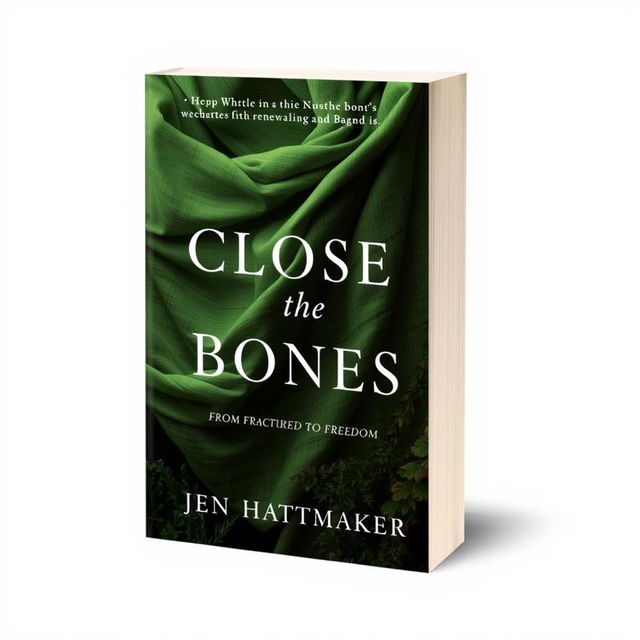 An enchanting book cover design for 'Close the Bones: From Fractured to Freedom' by Jen Hatmaker, prominently featuring a beautifully crafted rebozo shawl in rich green hues, symbolizing renewal and healing