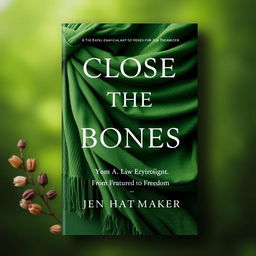 An enchanting book cover design for 'Close the Bones: From Fractured to Freedom' by Jen Hatmaker, prominently featuring a beautifully crafted rebozo shawl in rich green hues, symbolizing renewal and healing