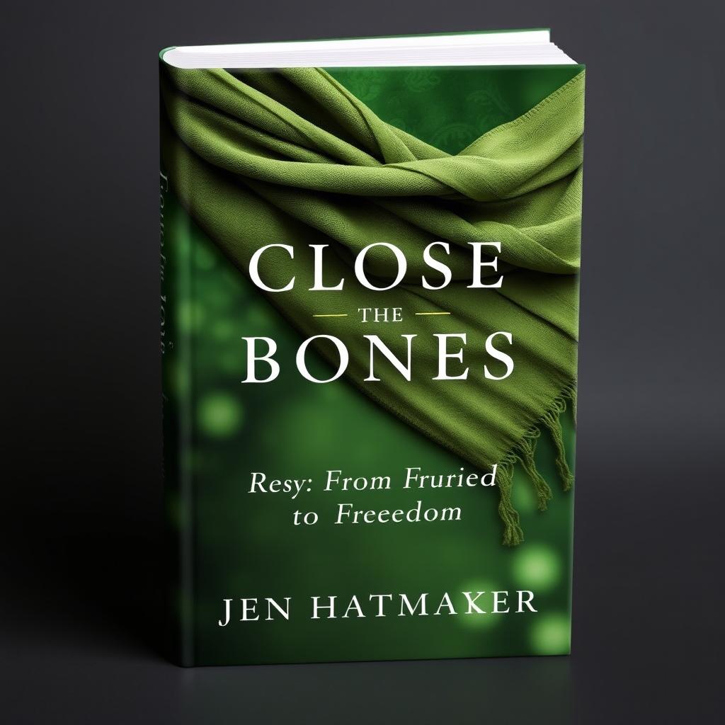 An enchanting book cover design for 'Close the Bones: From Fractured to Freedom' by Jen Hatmaker, prominently featuring a beautifully crafted rebozo shawl in rich green hues, symbolizing renewal and healing