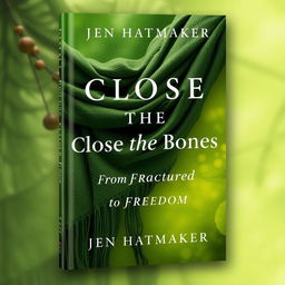 An enchanting book cover design for 'Close the Bones: From Fractured to Freedom' by Jen Hatmaker, prominently featuring a beautifully crafted rebozo shawl in rich green hues, symbolizing renewal and healing