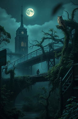 A hauntingly beautiful dystopian world at night, where nature intertwines with remnants of civilization