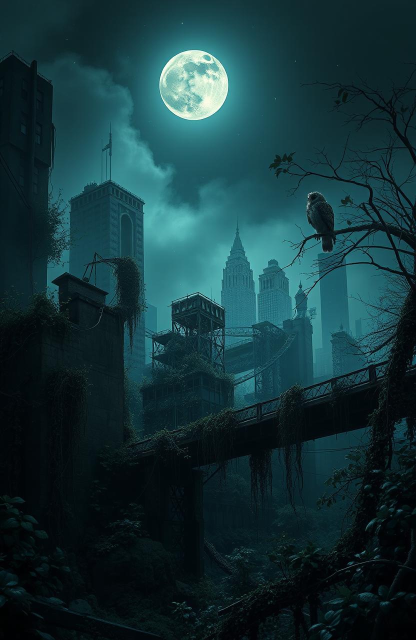 A hauntingly beautiful dystopian world at night, where nature intertwines with remnants of civilization