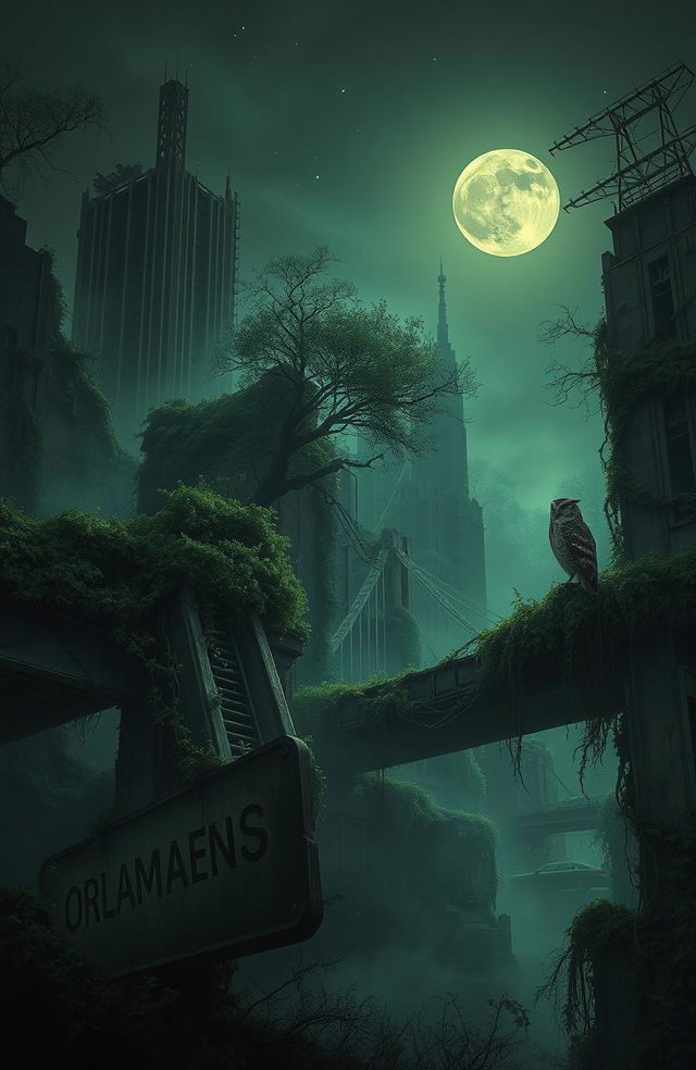 A hauntingly beautiful dystopian world at night, where nature intertwines with remnants of civilization