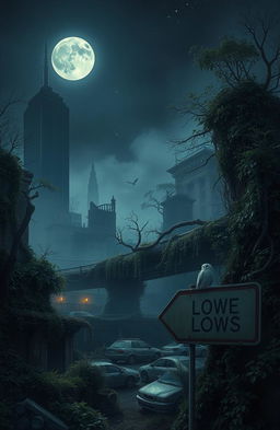 A hauntingly beautiful dystopian world at night, where nature intertwines with remnants of civilization