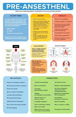 A detailed and organized practical guide for pre-anesthetic assessment in a medical setting, including assessment forms, checklists, and evaluation criteria