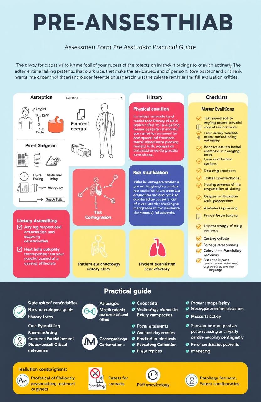 A detailed and organized practical guide for pre-anesthetic assessment in a medical setting, including assessment forms, checklists, and evaluation criteria