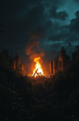 A dystopian world at night, covered in dark, dense vegetation and overgrown plants reclaiming the ruins of civilization