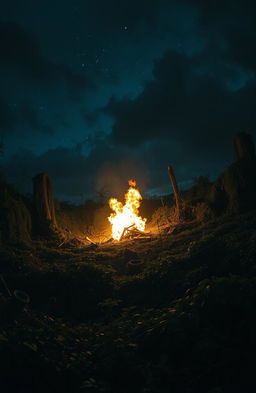 A dystopian world at night, covered in dark, dense vegetation and overgrown plants reclaiming the ruins of civilization
