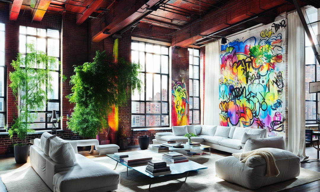 Daytime view of a peaceful urban loft in New York City, furnished with white linen furniture and indoor plants in pots. Soft sunlight casts gentle shadows across a vaulted ceiling and graffiti art on brick walls. A soft white shear curtain gently blows in a breeze, captured with a tilt-shift lens.