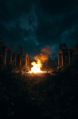 A dystopian world at night, covered in dark, dense vegetation and overgrown plants reclaiming the ruins of civilization