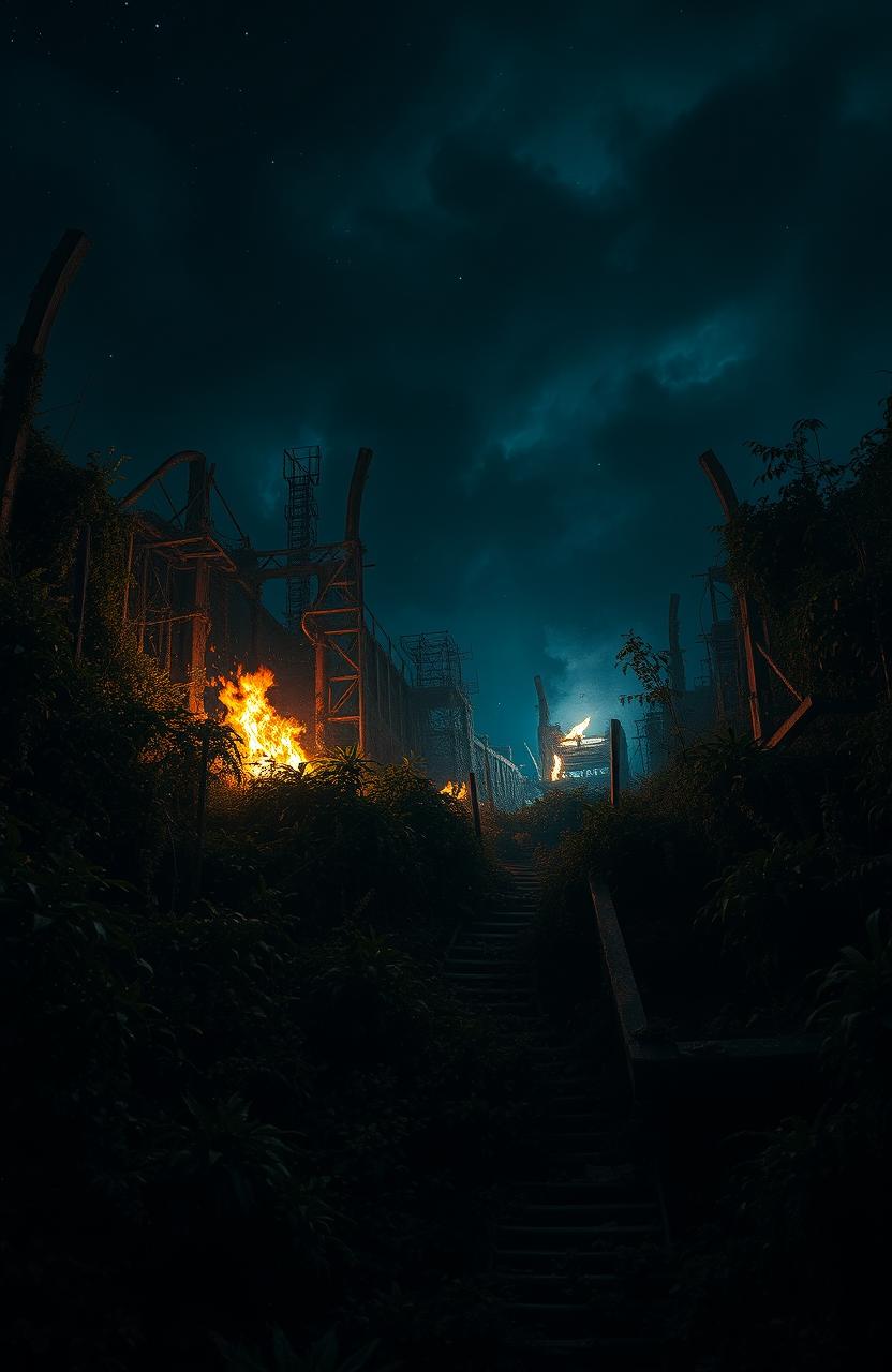 A dystopian world at night, covered in dark, dense vegetation and overgrown plants reclaiming the ruins of civilization