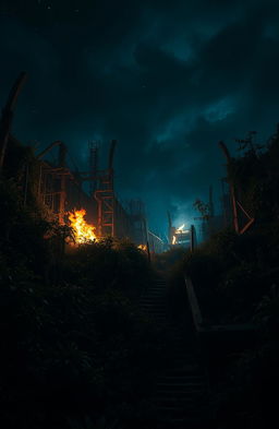 A dystopian world at night, covered in dark, dense vegetation and overgrown plants reclaiming the ruins of civilization