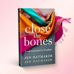 An artistic and vibrant book cover design for 'Close the Bones: From Fractured to Freedom' by Jen Hatmaker, prominently featuring a colorful rebozo with a mix of bright, bold colors like fuchsia, turquoise, and gold, adorned with intricate patterns that evoke a sense of cultural heritage and artistic flair