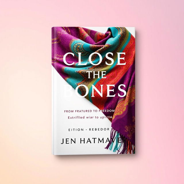 An artistic and vibrant book cover design for 'Close the Bones: From Fractured to Freedom' by Jen Hatmaker, prominently featuring a colorful rebozo with a mix of bright, bold colors like fuchsia, turquoise, and gold, adorned with intricate patterns that evoke a sense of cultural heritage and artistic flair