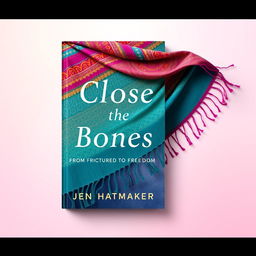 An artistic and vibrant book cover design for 'Close the Bones: From Fractured to Freedom' by Jen Hatmaker, prominently featuring a colorful rebozo with a mix of bright, bold colors like fuchsia, turquoise, and gold, adorned with intricate patterns that evoke a sense of cultural heritage and artistic flair