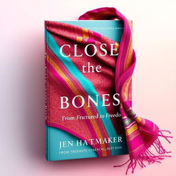 An artistic and vibrant book cover design for 'Close the Bones: From Fractured to Freedom' by Jen Hatmaker, prominently featuring a colorful rebozo with a mix of bright, bold colors like fuchsia, turquoise, and gold, adorned with intricate patterns that evoke a sense of cultural heritage and artistic flair