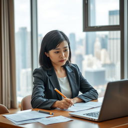 A typical Chinese citizen woman sitting at a desk, focused intently on taking an IQ test
