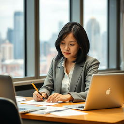 A typical Chinese citizen woman sitting at a desk, focused intently on taking an IQ test