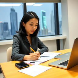 A typical Chinese citizen woman sitting at a desk, focused intently on taking an IQ test