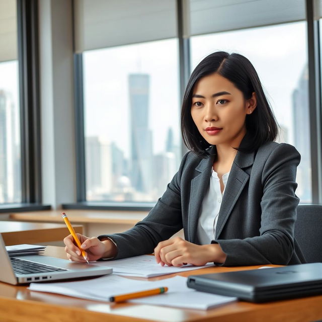 A typical Chinese citizen woman sitting at a desk, focused intently on taking an IQ test