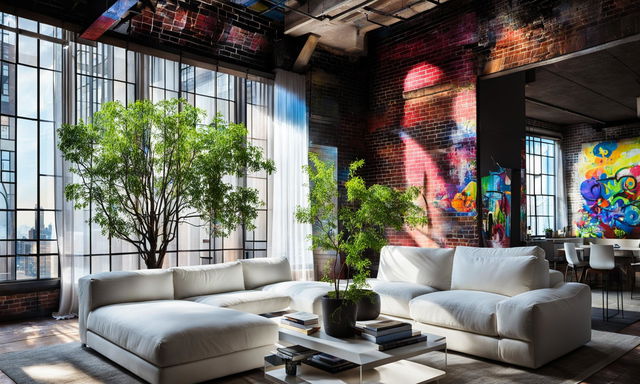 Daytime view of a peaceful urban loft in New York City, furnished with white linen furniture and an indoor tree in a pot. Soft sunlight casts gentle shadows across a vaulted ceiling and graffiti art on brick walls. A soft white shear curtain gently blows in a breeze, captured with a tilt-shift lens.