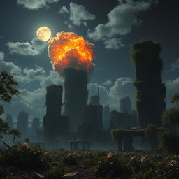 A dystopian world at night, partially reclaimed by nature with vines and plants growing over derelict skyscrapers and crumbling buildings