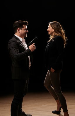 A man and a woman standing face to face, the man confidently holding a gun in a relaxed position, while the woman beams at him with a charming smile