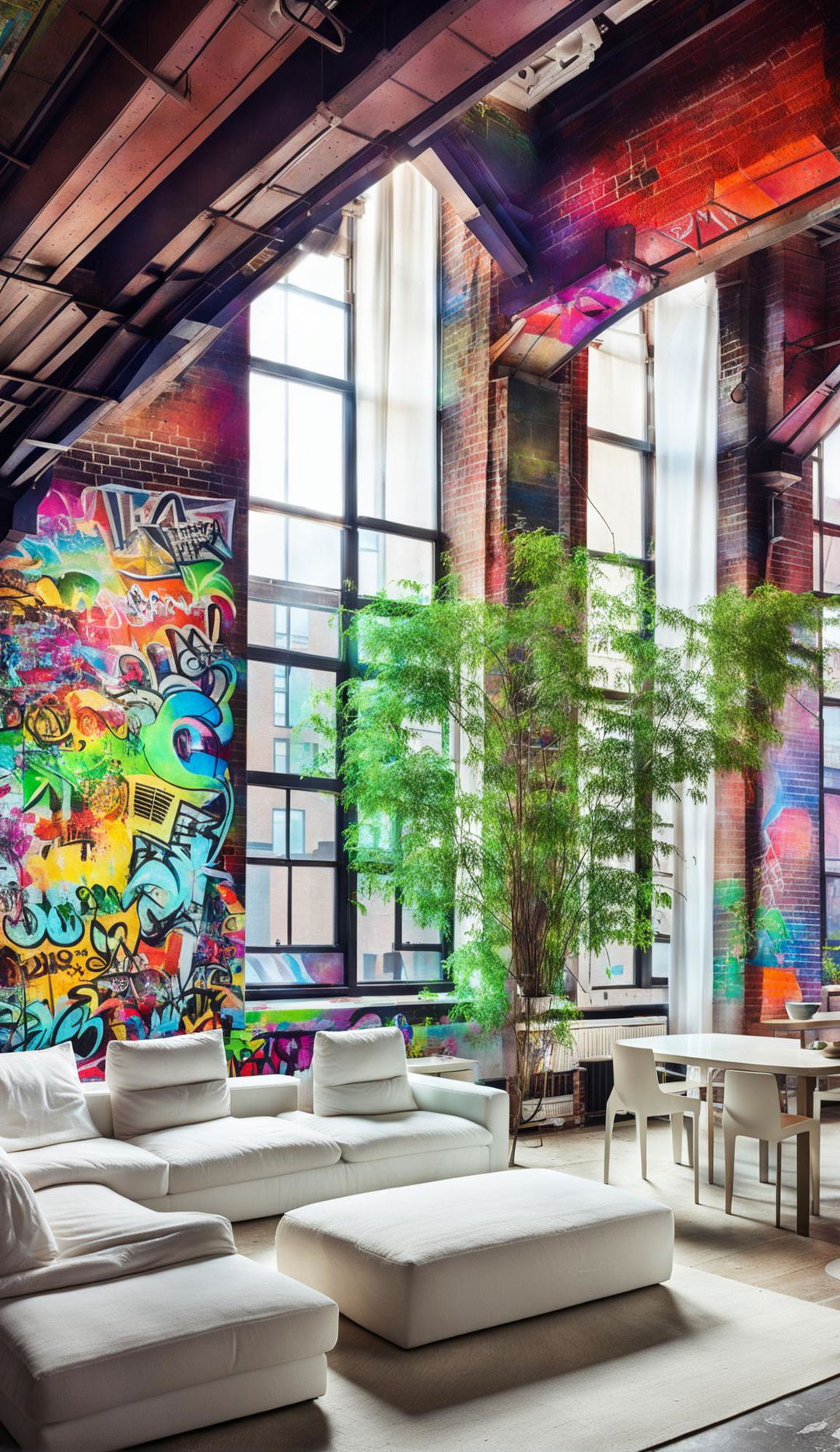 Daytime view of a peaceful urban loft in New York City, furnished with white linen furniture and an indoor tree in a pot. Soft sunlight casts gentle shadows across a vaulted ceiling and graffiti art on brick walls. A soft white shear curtain gently blows in a breeze, captured with a tilt-shift lens.