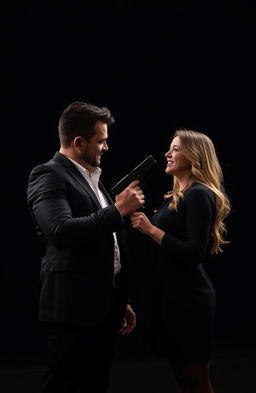 A man and a woman standing face to face, the man confidently holding a gun in a relaxed position, while the woman beams at him with a charming smile