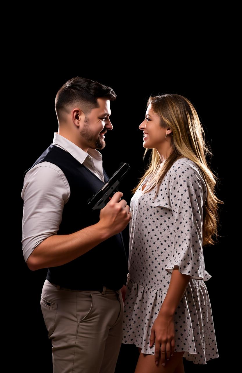 A man and a woman standing face to face, the man confidently holding a gun in a relaxed position, while the woman beams at him with a charming smile