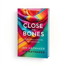 A vibrant and captivating book cover design for 'Close the Bones: From Fractured to Freedom' by Jen Hatmaker, featuring a colorful rebozo shawl in a dazzling array of colors such as bright pinks, blues, yellows, and greens, all harmoniously blended to create an eye-catching artwork