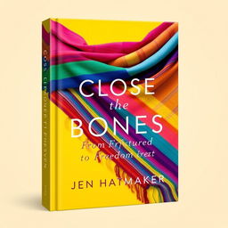 A vibrant and captivating book cover design for 'Close the Bones: From Fractured to Freedom' by Jen Hatmaker, featuring a colorful rebozo shawl in a dazzling array of colors such as bright pinks, blues, yellows, and greens, all harmoniously blended to create an eye-catching artwork