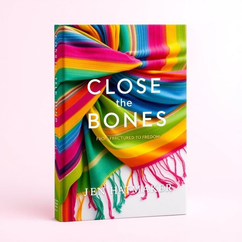 A vibrant and captivating book cover design for 'Close the Bones: From Fractured to Freedom' by Jen Hatmaker, featuring a colorful rebozo shawl in a dazzling array of colors such as bright pinks, blues, yellows, and greens, all harmoniously blended to create an eye-catching artwork