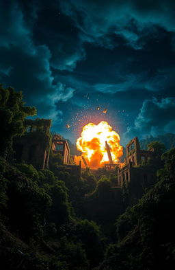 A stunning dystopian world at night, overgrown with lush nature