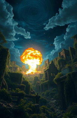 A stunning dystopian world at night, overgrown with lush nature