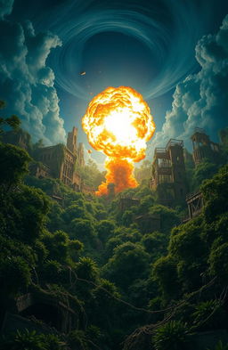 A stunning dystopian world at night, overgrown with lush nature
