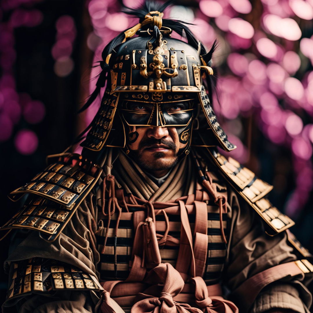 A 200mm portrait of a samurai warrior against a muted pastel color background with an intense bokeh effect.